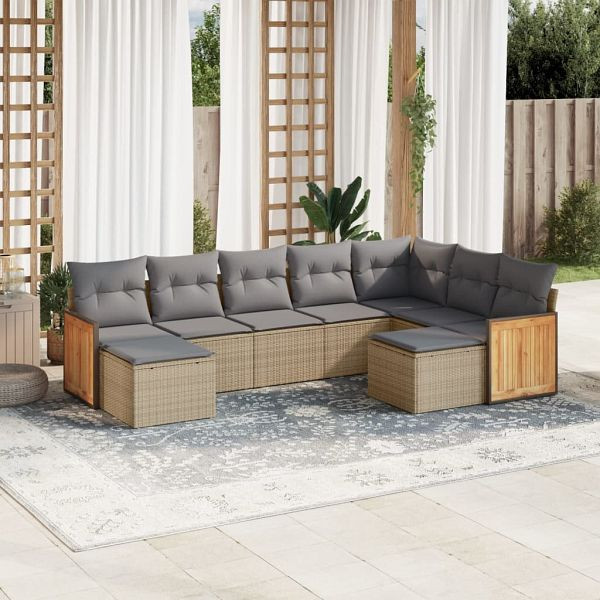 vidaXL 9-teilig Garten-Sofagarnitur mit Kissen Beige Poly Rattan, 3260624