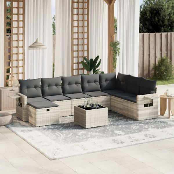 vidaXL 9-tlg. Garten-Sofagarnitur mit Kissen Hellgrau Poly Rattan, 3263908