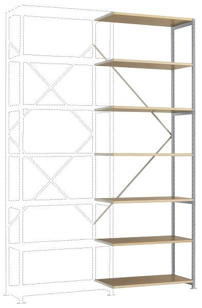 Manuflex Mittelschweres Fachboden-Steckregal Anbauregal mit 7 Holzverbundböden, HxBxT = 3000 x 1000 x 600 mm, alusilber, RP1708.9006