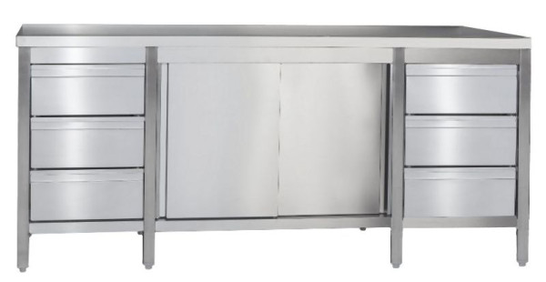 A&S Gastro Arbeitsschrank mit Schubladenblock links & rechts, ohne Aufkantung, Abmessungen: 2100x800x850 mm, ARSSLR218