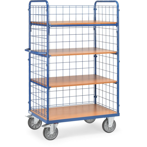 Fetra Etagenwagen, Ladefläche 1.000 x 700 mm, Etagenhöhen: 269, 669, 1069, 1469 mm, Stirnwände und 1 Längswand geschlossen mit Drahtgitter, 8412-1