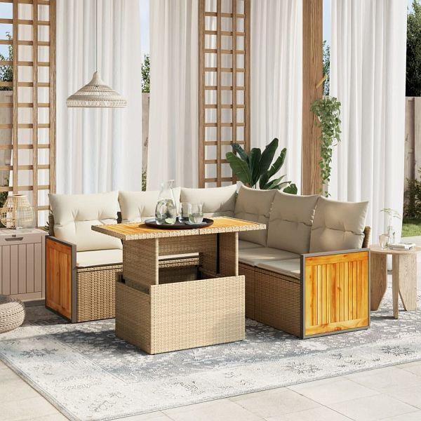 vidaXL 6-teilig Garten-Sofagarnitur mit Kissen Beige Poly Rattan, 3273956