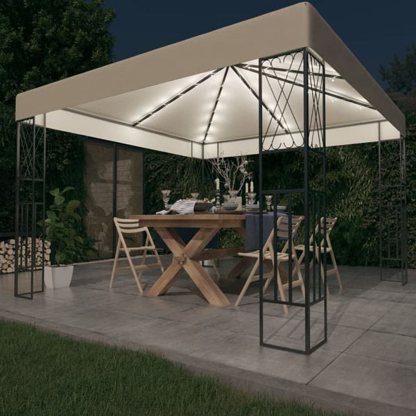 vidaXL Pavillon mit LED-Lichterkette 3x3 m Creme Stoff, 3070326