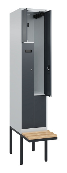 C+P Z-Spind Evolo PLUS, Bank, 2 Fächer, 2120x400x815mm, 7035/7016, Zylinderschloss, Sitzfläche Holz, 0490437-122 S10037