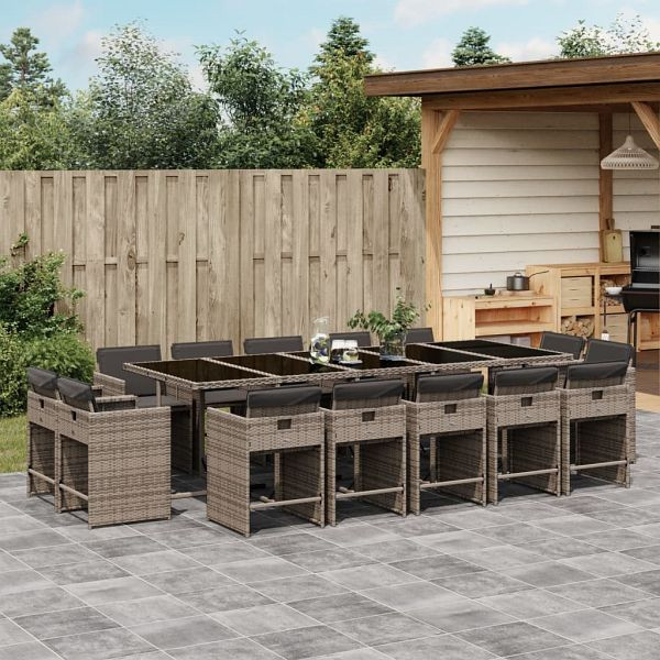 vidaXL 15-teilig Garten-Essgruppe mit Kissen Grau Poly Rattan, 3277999