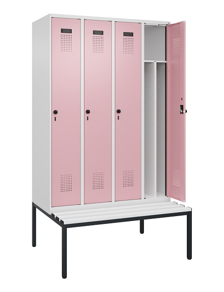 C+P Spind Evolo PLUS, 4 Abteile, 2120x1200x815mm, 9016/3015, Haken 4, Drehriegel, Sitzfläche Kunststoff, Sitzbank, 0490507-40F S10072