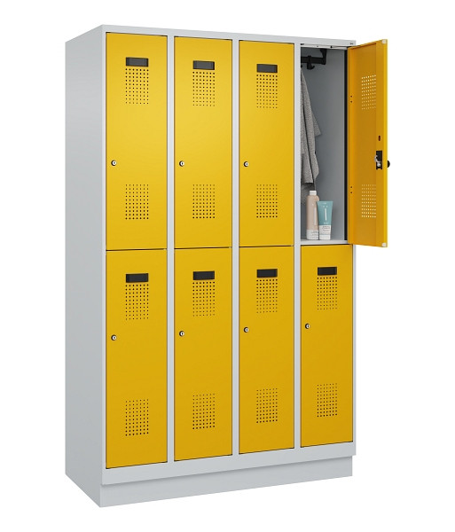C+P Doppelstöckiger Spind Evolo PLUS, mit Sockel, 8 Fächer, 1950x1200x500mm, 703, Frontfarbe RAL 1004 Goldgelb, Zylinderschloss, 049320-40 S10027