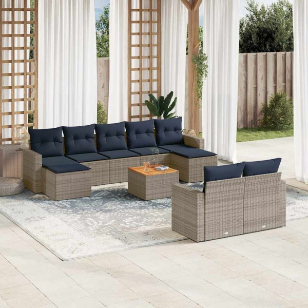 vidaXL 10-teiliges Gartensofa-Set mit Kissen, grau, Polyrattan, 3256670