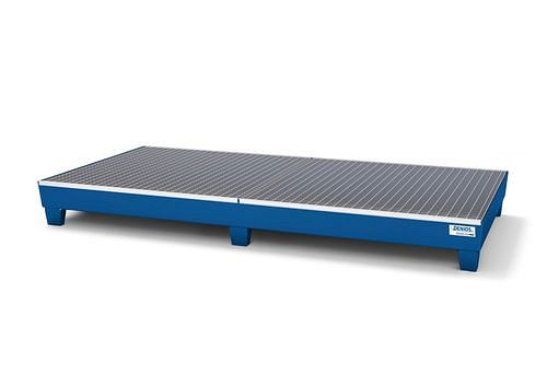 DENIOS Auffangwanne classic-line für 8 Fässer, Stahl blau lackiert, Füße, mit Gitterrost, 340 Liter, 259334