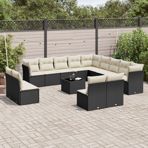 vidaXL 14-teilig Garten-Sofagarnitur mit Kissen Schwarz Poly Rattan, 3250335