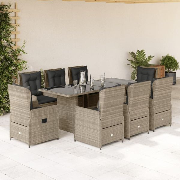 vidaXL 9-teilig Garten-Essgruppe mit Kissen Hellgrau Poly Rattan, 3262796