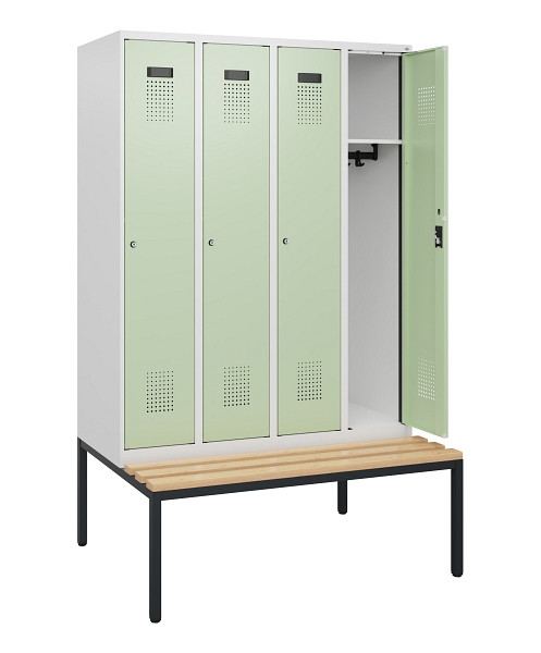 C+P Spind Evolo PLUS, 4 Abteile, 1950x1200x815mm, 9016/6019, Zylinderschloss, Sitzfläche Buche-Hartholz, Sitzbank, 0490505-40 S10046