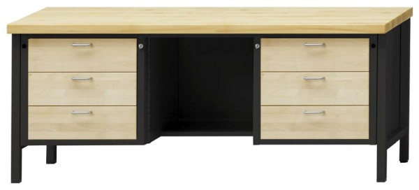 ANKE Werkbänke Kastenwerkbank; 2000x700x840mm; Buche-Massiv-Platte 40mm; Links 3 Schubladen; Mitte Boden zurückgesetzt; Rechts 3 Schubladen 180 mm, 310.304