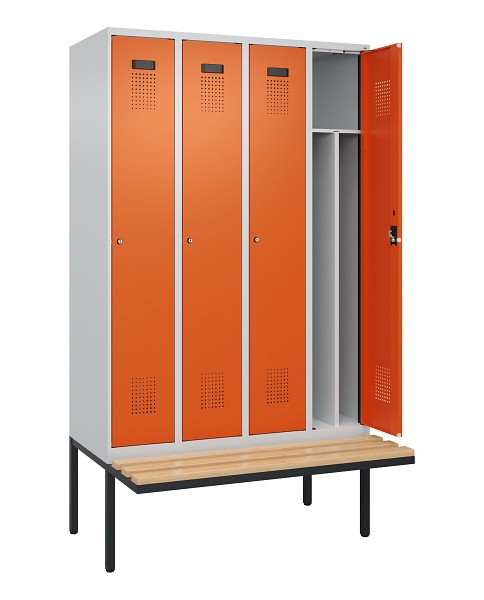 C+P Spind Evolo PLUS, 4 Abteile, 2120x1200x815mm, 7035/2004, Haken 4, Zylinderschloss, Sitzfläche Holz, 0490407-40F S10029