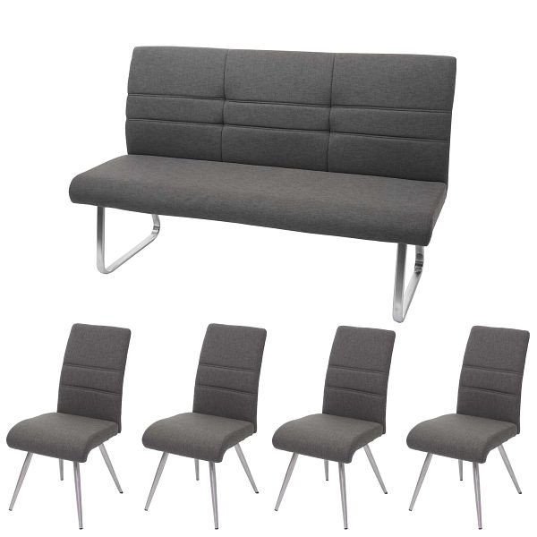 Mendler Set 4x Esszimmerstuhl+Sitzbank HWC-G55, Bank Küchenstuhl Stuhl, Stoff/Textil Edelstahl, grau-braun Bank 160cm, 71707+2x71708
