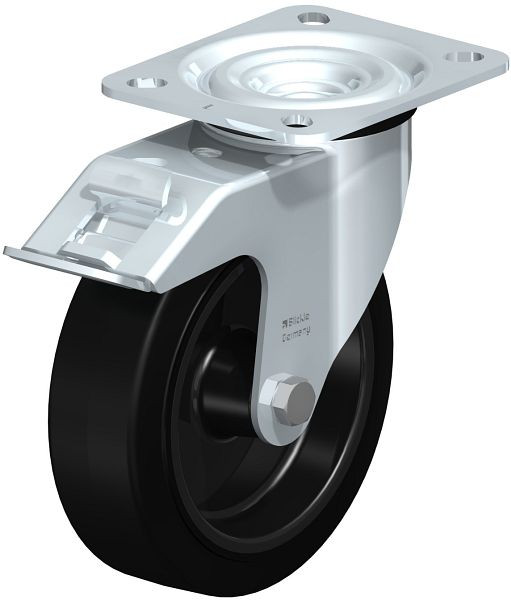 Blickle L-POEV 125G-FI Stahlblech-Lenkrolle, mittelschwere Ausführung, mit Anschraubplatte & Feststeller, Elastik-Vollgummi, Schwarz, 761538