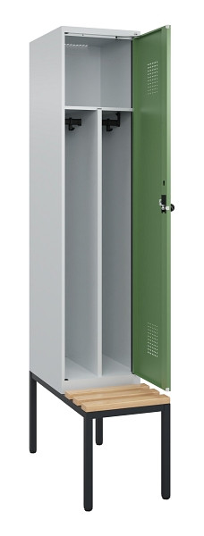C+P Spind Evolo PLUS, 1 Abteile, 2120x400x815mm, 7035/6011, Haken 4, Drehriegel, Sitzfläche Buche-Hartholz, Sitzbank, Trennwand, 0490507-12F S10010