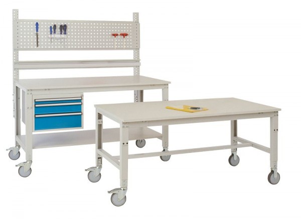 Manuflex Arbeitstisch UNIVERSAL Spezial mobil mit Multiplexplatte, BxTxH = 2000 x 800 x 752-972 mm, Alusilber, AU7415.9006