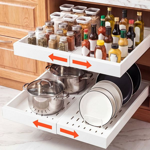 VEVOR 2x Teleskopschubladen 31-48 cm, 52 cm Tiefe, Weiß, Küchenschrank-Organizer mit Nano-Klebestreifen, BSLL21YCBS2GCPXD7001V0