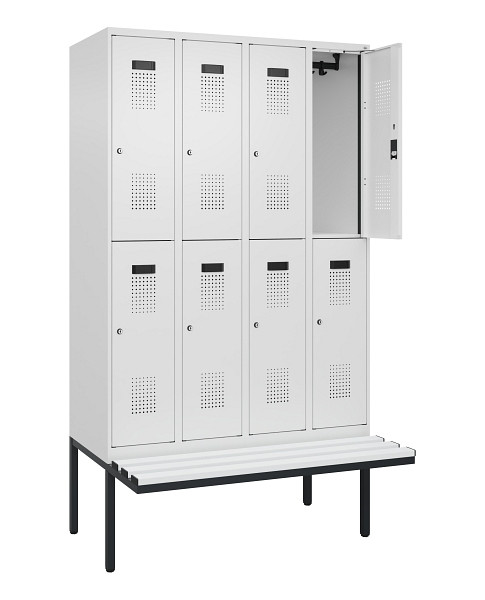 C+P Doppelstock-Spind Evolo PLUS, Bank, 8 Fächer, 2120x1200x815mm, 9016/9016, Zylinderschloss, Sitzfläche Kunststoff, 0493407-40 S10134