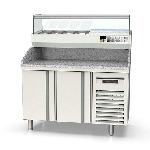 Vaiotec TOPLINE Pizzatisch 700 / 2-fach mit Türen, Granitplatte grau, inkl. Kühlaufsatz, GN 1/4, Breite: 1345 mm, 11626