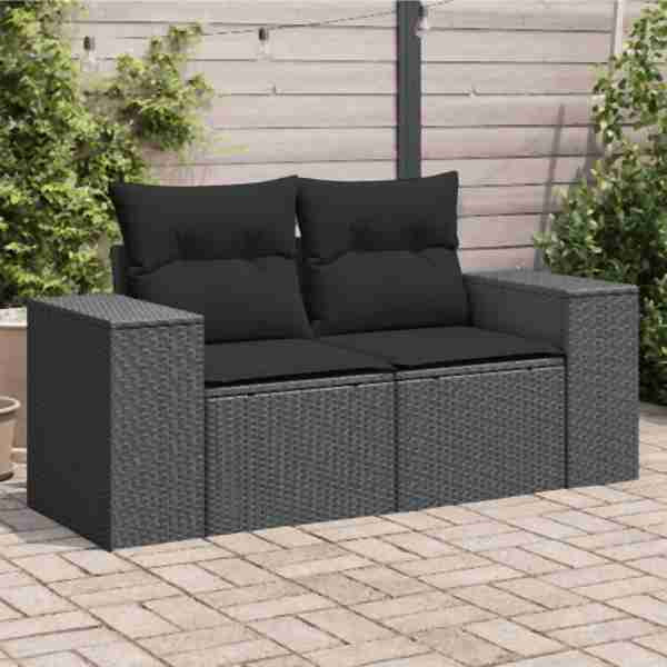 vidaXL Gartensofa mit Kissen 2-Sitzer Schwarz Poly Rattan, UV-beständig, 365992
