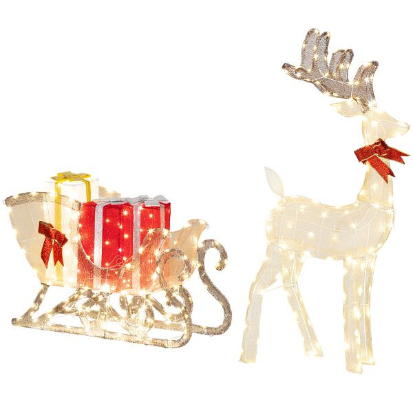 Outsunny Beleuchtetes Weihnachtsrentier mit Schlitten, warmweiße LEDs, Stahlrahmen, wasserfest, Goldfarben, 84J-138V90GD