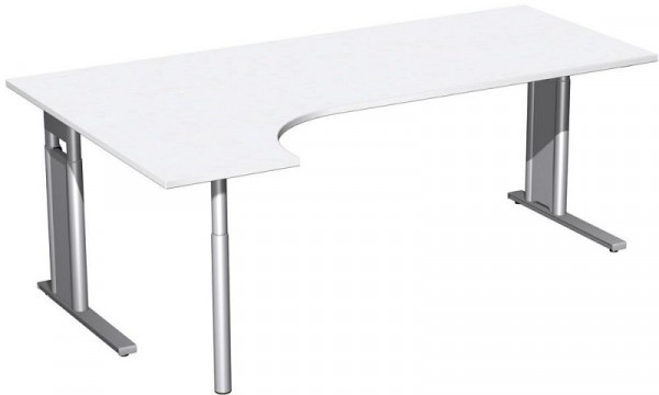 geramöbel PC-Schreibtisch links höhenverstellbar, C Fuß Blende optional, 2000x1200x680-820, Weiß/Silber, N-647318-WS