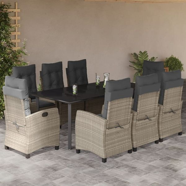 vidaXL 9-teilig Garten-Essgruppe mit Kissen Hellgrau Poly Rattan, 3212860