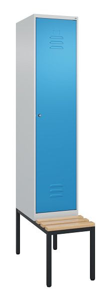 C+P Umkleidespind Classic PLUS, mit untergebauter Sitzbank, 2120x400x815mm, 7035/5012, Zylinderschloss, Buche-Sitzleisten, 0800507-12 S10048