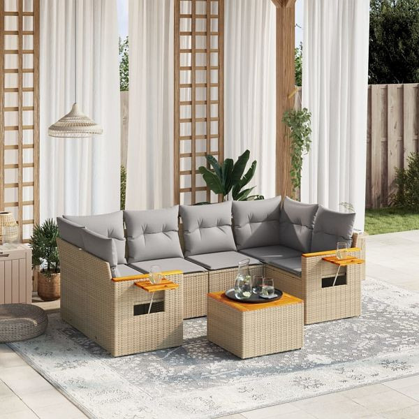 vidaXL 7-tlg. Garten-Sofagarnitur mit Kissen Beige Poly Rattan, 3259042