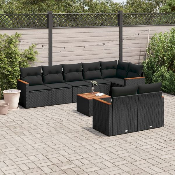 vidaXL 9-teilig Garten-Sofagarnitur mit Kissen Schwarz Poly Rattan, 3226153