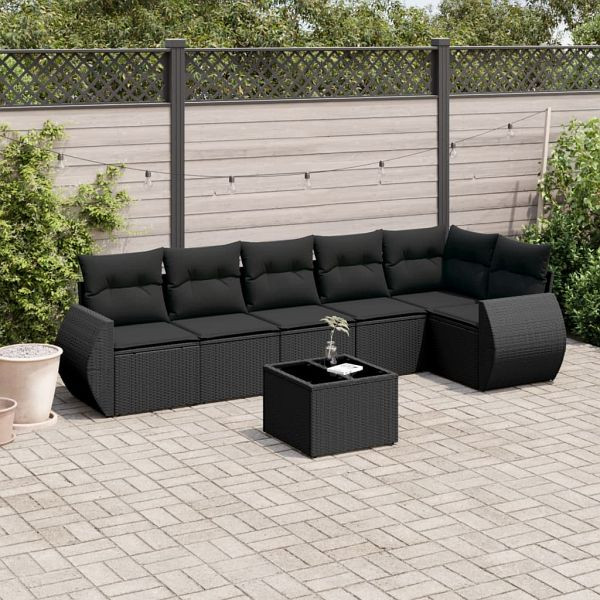 vidaXL 7-teilig Garten-Sofagarnitur mit Kissen Schwarz Poly Rattan, 3221394