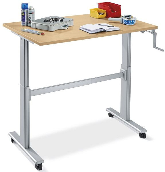 Deskin Sitz-/Steh-Arbeitstisch - manuell höhenverstellbar, mit Kurbel, Dekor buche, B 1500 x T 700 x H 725-1205 mm, 279235