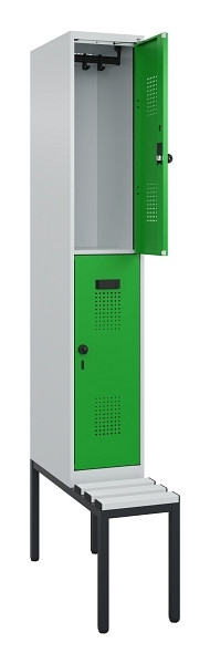 C+P Doppelstock-Spind Evolo PLUS, Bank, 2 Fächer, 2120x300x815mm, 7035/6037, Drehriegel, Sitzfläche Kunststoff, Sitzbank, 0493507-10 S10092