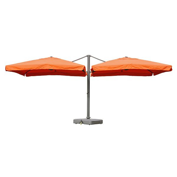Mendler Gastronomie-Alu-Luxus-Doppel-Ampelschirm T44, Pergola-Markise-Effekt, 6,2x3m Polyester 50kg, terracotta + Ständer, 31834+31835+31836