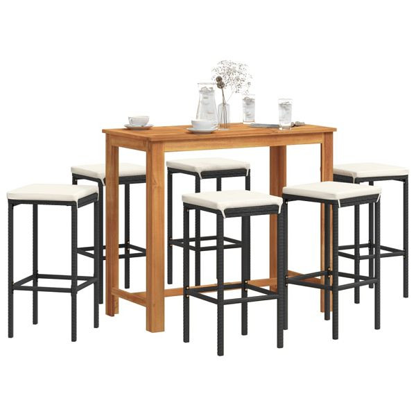 vidaXL 7-teilig Gartenbar-Set Schwarz Massivholz Akazie und Poly Rattan, 3295286