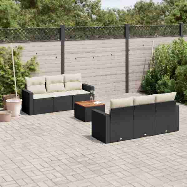 vidaXL 7-tlg. Garten-Sofagarnitur mit Kissen Schwarz Poly Rattan, UV-beständig, 3256343