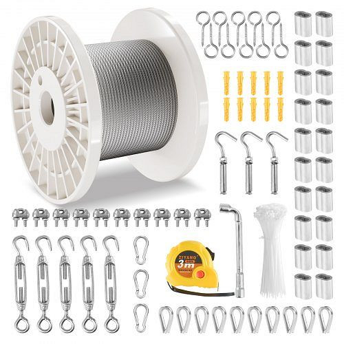 VEVOR Drahtseil-Set, Ф3,18mmx30,5m, 304 Edelstahl, 124 Zubehörteile, 7,1kN, 7x7 Litzen, für Handläufe & Zäune, BXGGSSBXG304SDKE0V0