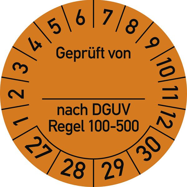 Moedel Prüfplakette Geprüft...DGUV Regel 100-500, 2027-2030, Dokumentenfolie, Ø30mm, VE: 10 Stück/Bogen, 108290