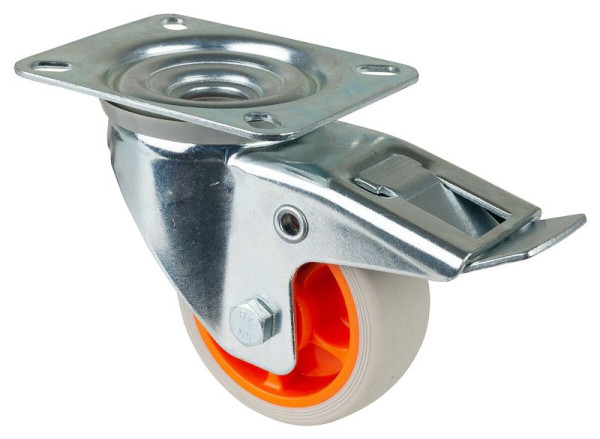 BS Rollen Transportrolle Lenkrolle Feststeller, thermoplastisches Gummirad, Reifen hellgrau, Felge orange, Platte: 80 mm, VE: 4 Stück, L420.B44.081.02