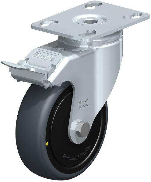 Blickle LKPA-TPA 101K-FI-ELS-FK Apparate-Lenkrolle mit Anschraubplatte & Feststeller, Thermoplastisches Gummi-Elastomer, Grau, 631432