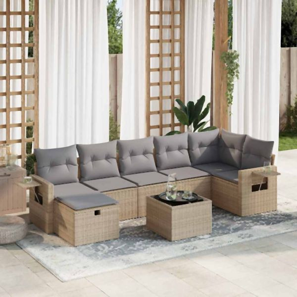 vidaXL 8-tlg. Garten-Sofagarnitur mit Kissen Beige Poly Rattan, 3325515