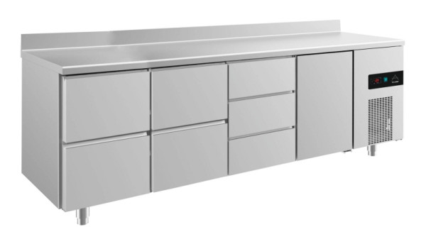 A&S Polarny Kühltisch -2 bis +8°C mit Tür rechts, 2x zwei Schubladen und drei Schubladen mittig-rechts, 2330 x 700 x 850 mm, mit Aufkantung, KT4ZZDTA