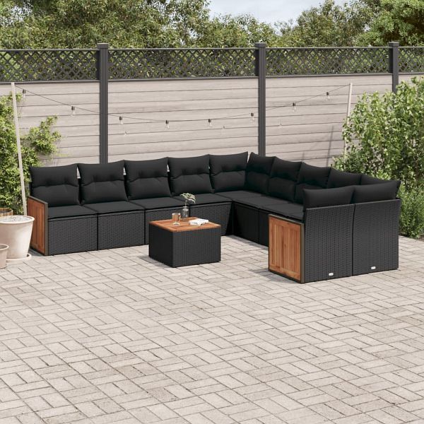 vidaXL 11-teilig Garten-Sofagarnitur mit Kissen Schwarz Poly Rattan, 3228036
