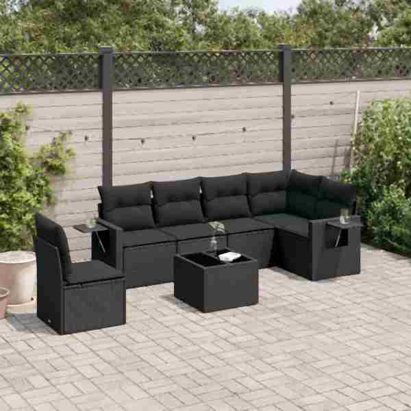 vidaXL 7-tlg. Garten-Sofagarnitur mit Kissen Schwarz Poly Rattan, UV-beständig, 3252572