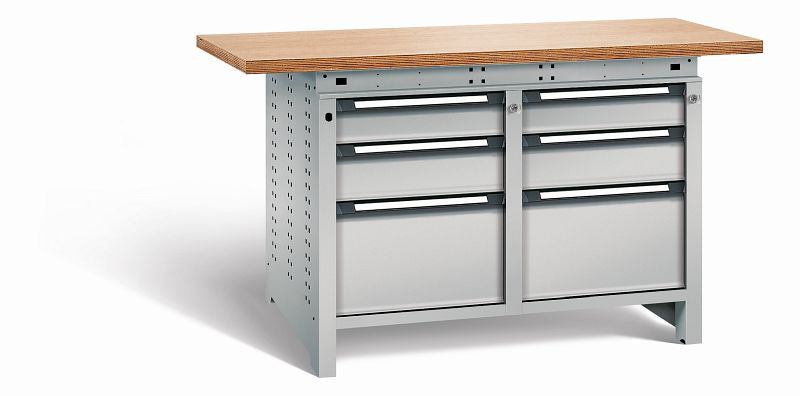 Otto Kind Werkbank Serie function Typ 215, Multiplexplatte 40 mm, überstehend, 2x Unterbau + Zentralverschluss, komplett RAL 9006, 072345296