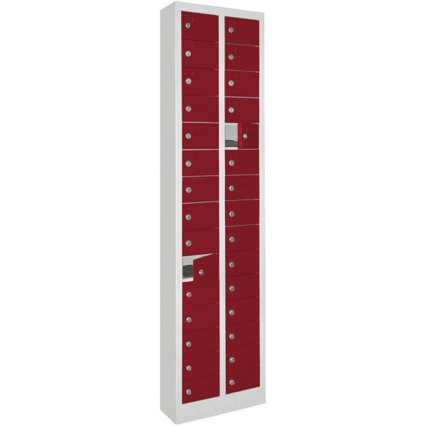 Deskin Kleinfachschrank 2 x 15 Fächer, Rubinrot RAL 3003, 460 x 200 x 1950 mm, mit Etikettenrahmen, 270413