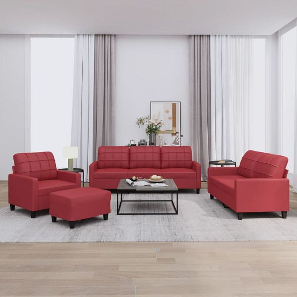 vidaXL 4-teilig Sofagarnitur mit Kissen Weinrot Kunstleder, 3201346