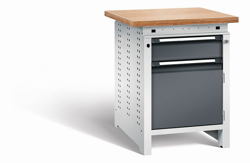 Otto Kind Werkbank Serie function Typ 105, Multiplexplatte 40 mm, überstehend, Unterbau mit Zentralverschluss, Gehäuse RAL 7035, Front RAL 7016, 072322249